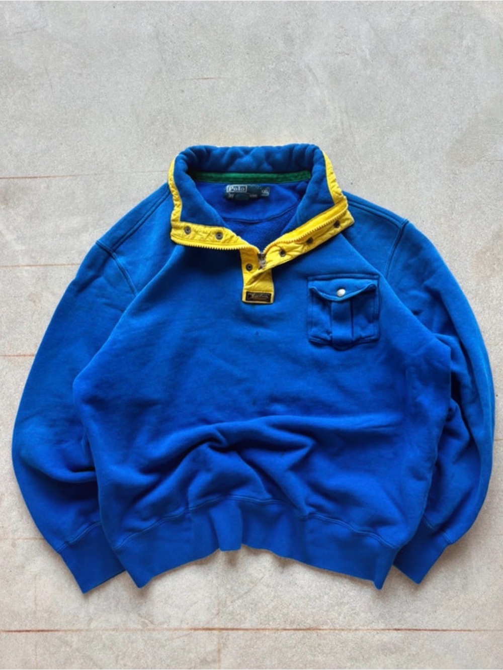 Ralph Lauren Men's Royal Blue Zip-Front Sweatshirt with Yellow Snap Collar